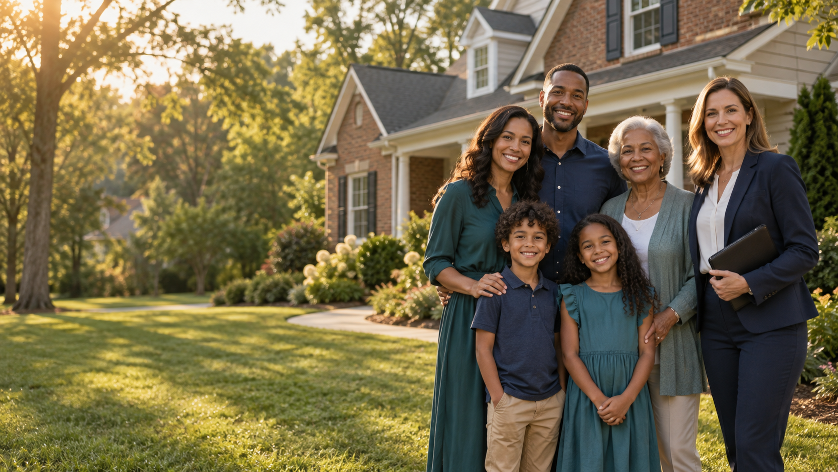 Family and real estate professional outside a Central Virginia home